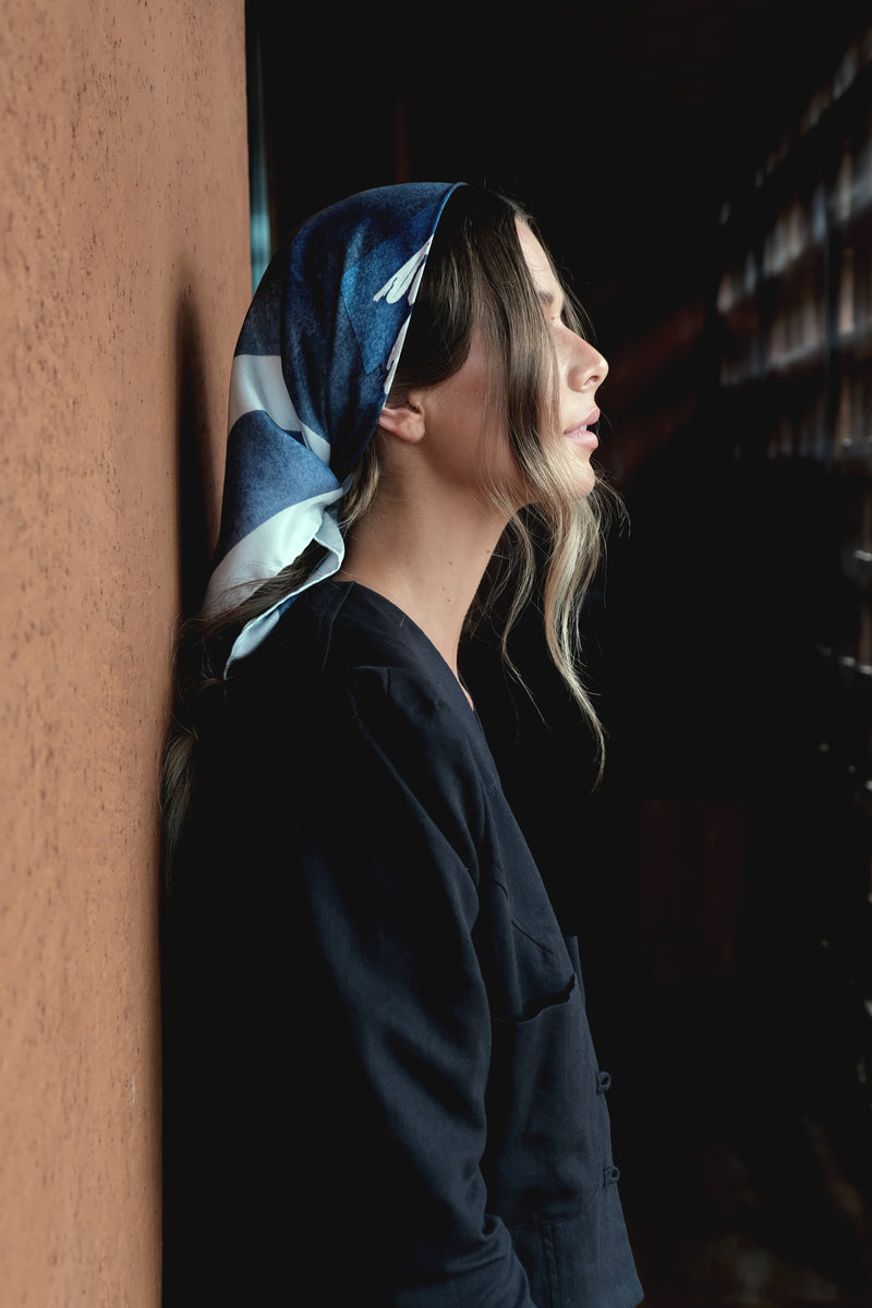 The Monochrome Silk Scarf — worn as a silk headscarf